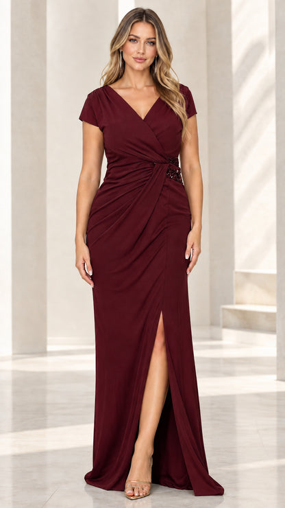 Burgundy wine ruched V-neck floor-length evening gown with slit
