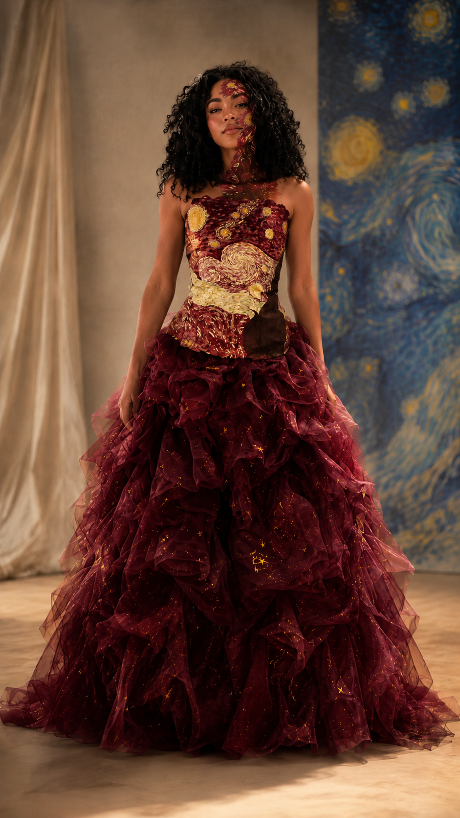 Burgundy strapless ball gown with printed bodice and textured tiered skirt front view