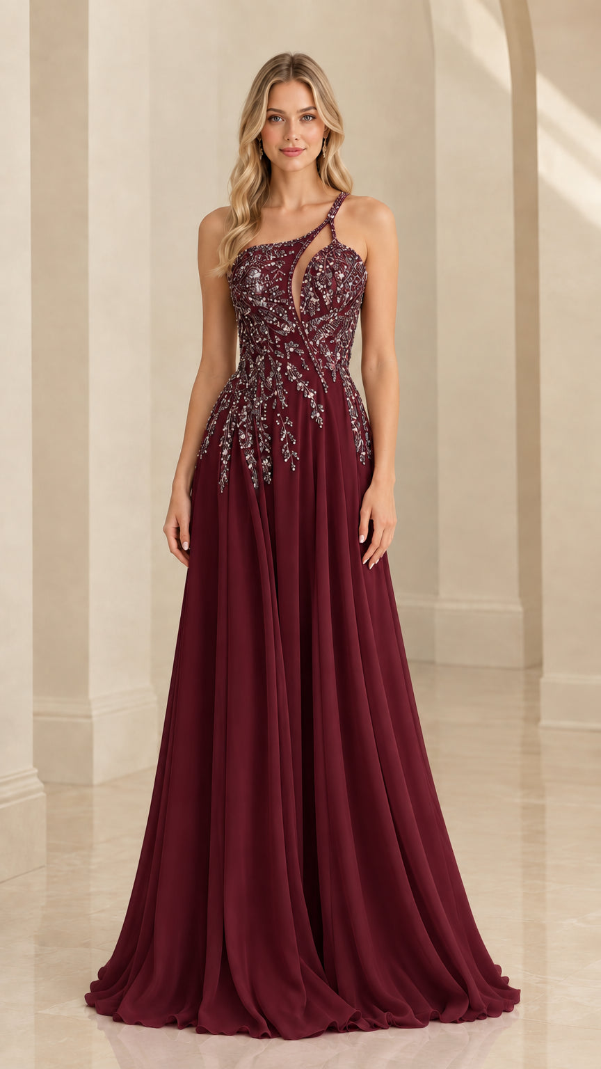 Burgundy wine red one-shoulder beaded chiffon formal gown front view