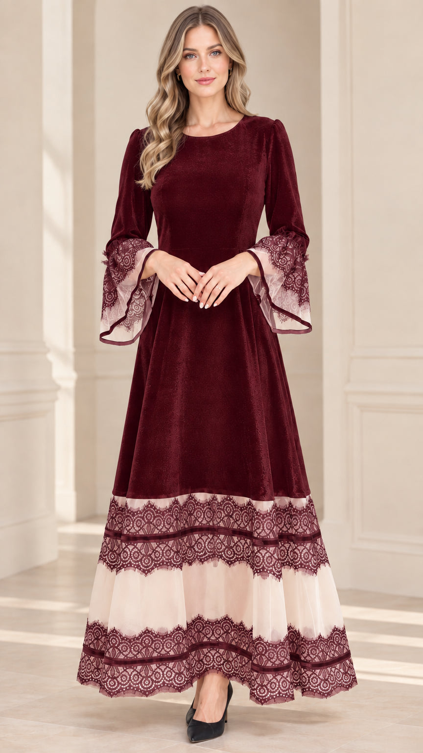 Model wearing burgundy wine red velvet evening maxi dress with lace accents