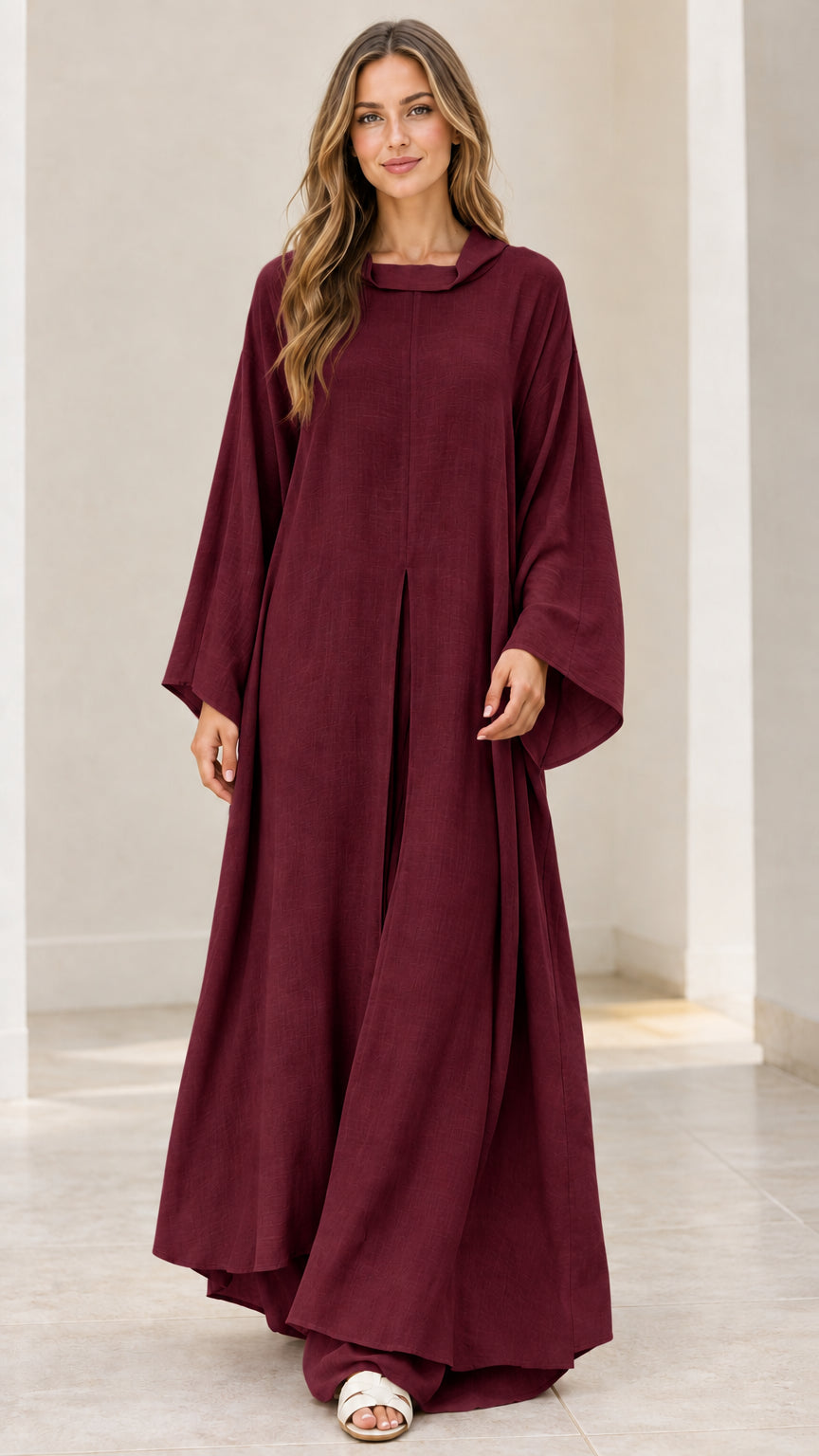 Front full view of model wearing deep burgundy wine kaftan maxi dress