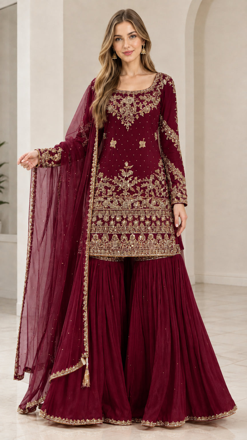 Full-length view of woman wearing Maroon wine embroidered sharara suit set