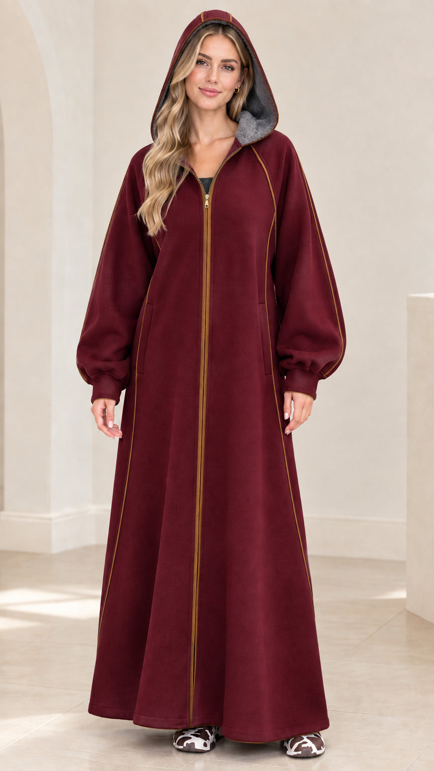 Women's hooded full-zip maxi robe coat in deep burgundy wine red
