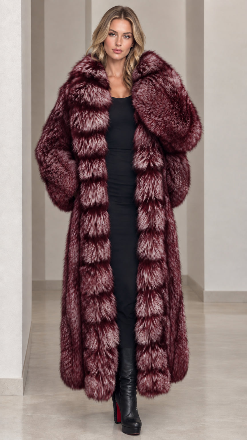 Full-length burgundy wine tipped faux fur maxi coat