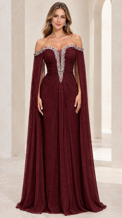 Burgundy wine crystal-embellished cape sleeve evening gown
