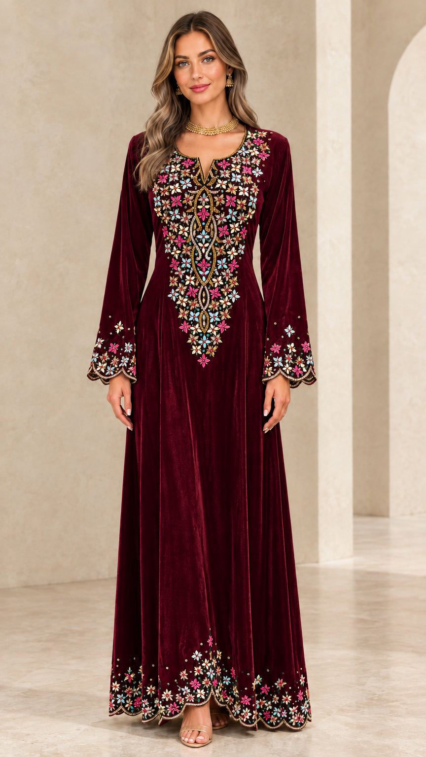 Burgundy embroidered velvet long sleeve maxi dress