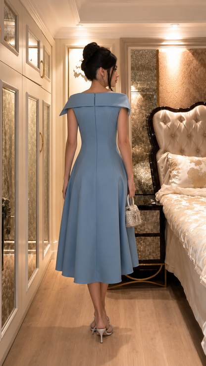 Back view of dusty blue off-shoulder midi dress