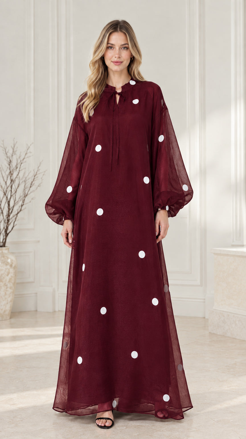 Front view of burgundy wine red polka dot maxi dress