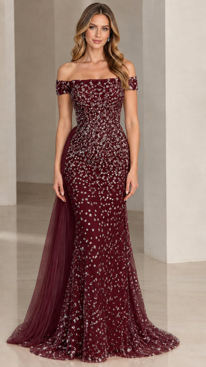 Full-length burgundy wine off-the-shoulder sequined evening gown with tulle train