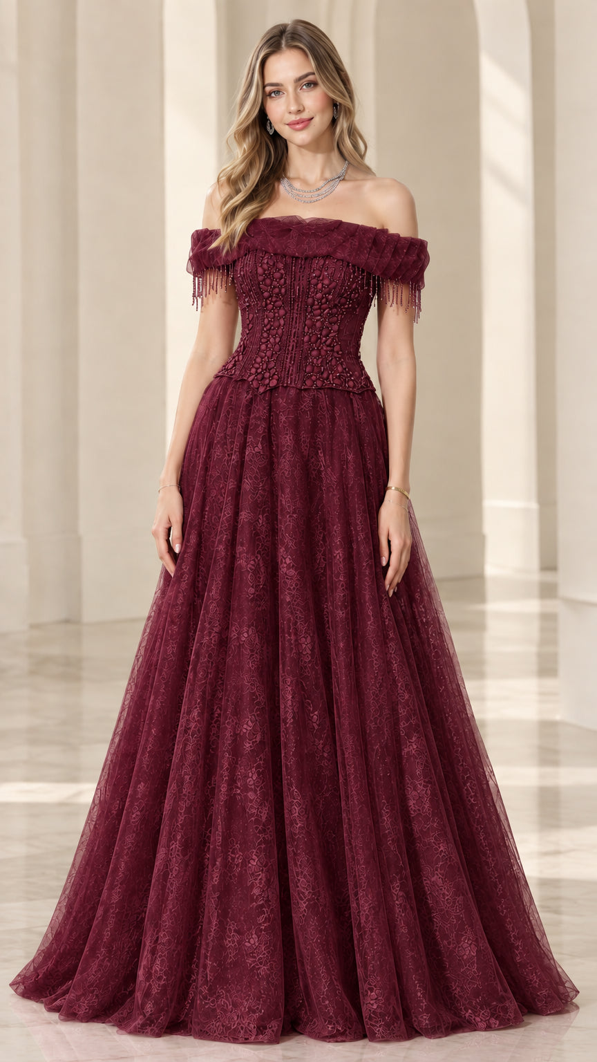 Burgundy wine red beaded off-shoulder formal evening ball gown
