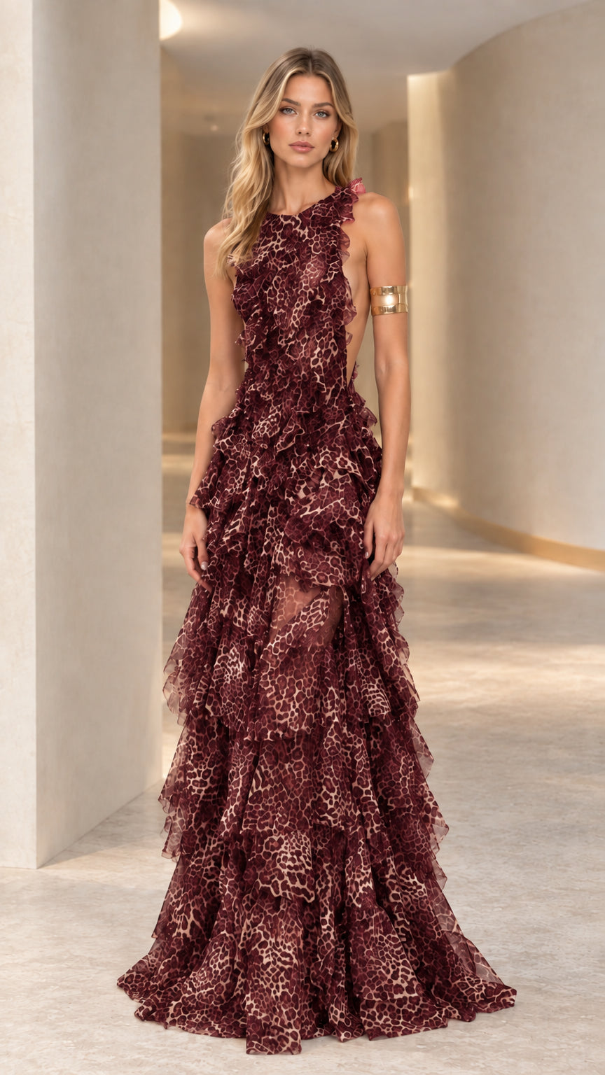 Burgundy wine leopard print tiered ruffle backless maxi gown front view