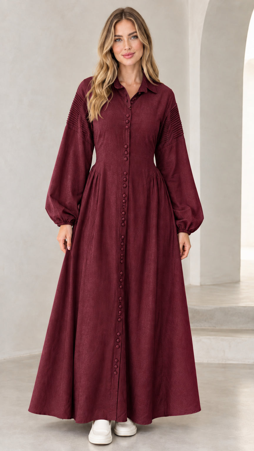 Front view of woman wearing burgundy wine red long sleeve maxi shirt dress