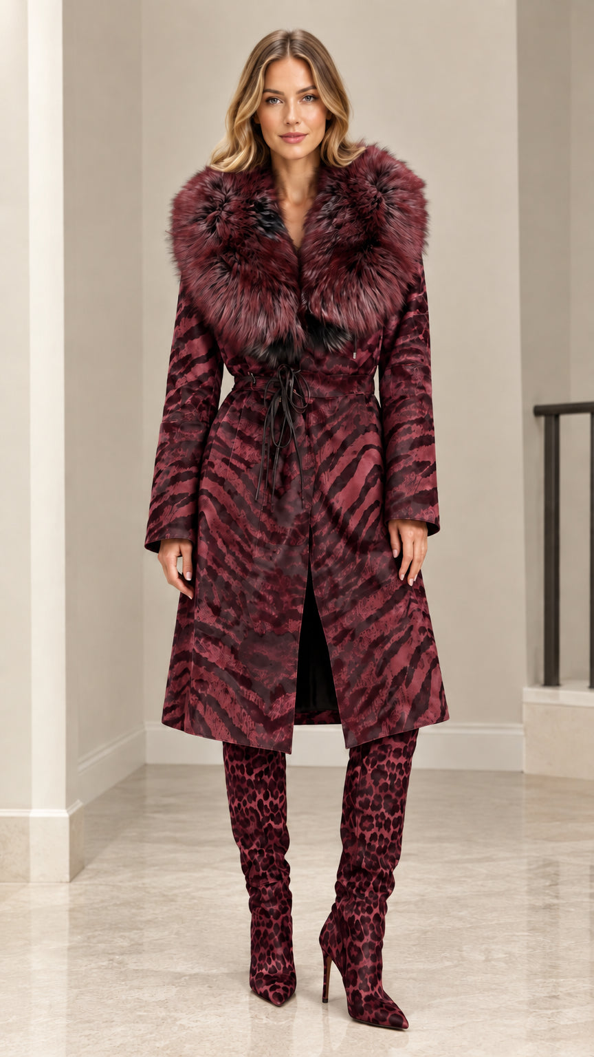 Model wearing Burgundy red animal print belted coat with rich wine faux fur