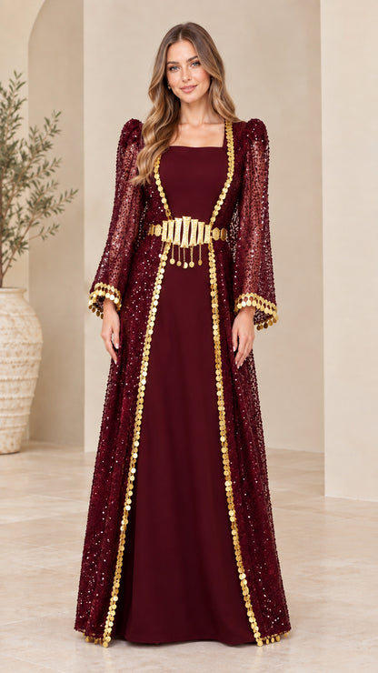 Burgundy wine sequin kaftan maxi dress with gold coin trim