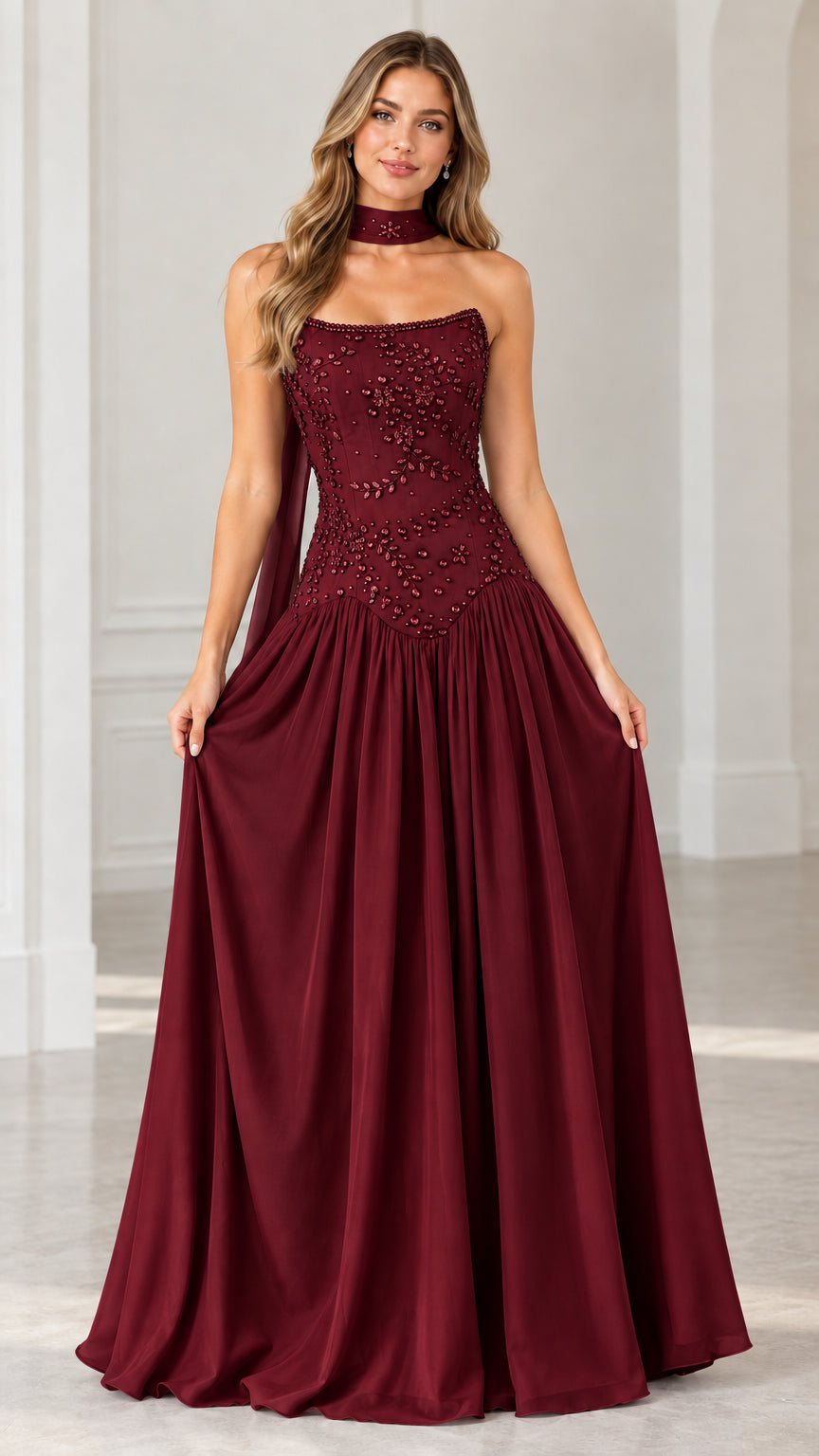Burgundy wine strapless beaded ball gown with neck scarf