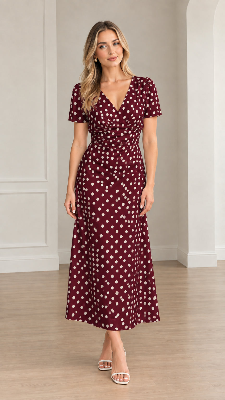 Front view of woman wearing burgundy polka dot short sleeve midi dress