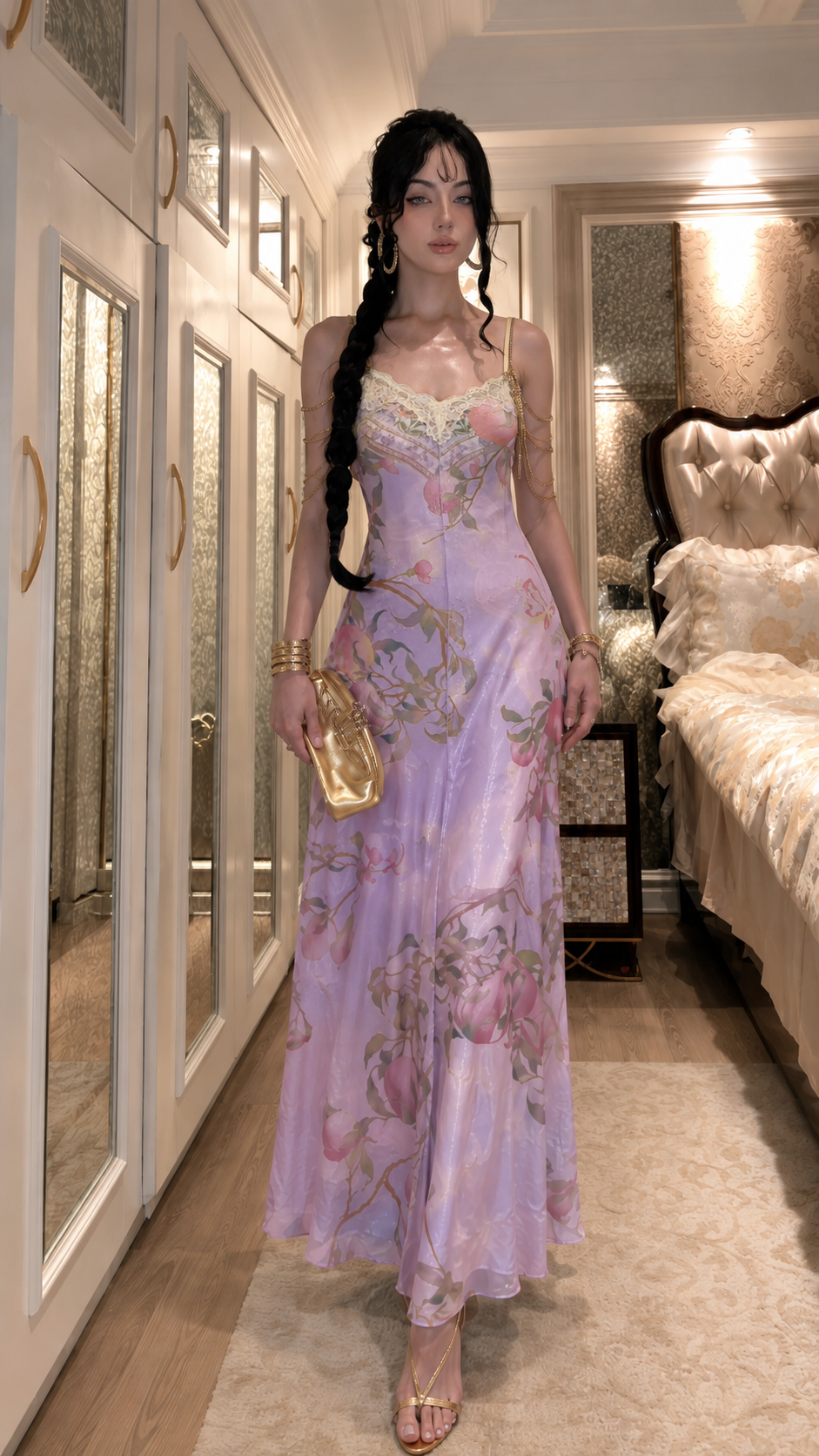 Lilac floral lace trim satin-look slip maxi dress front view