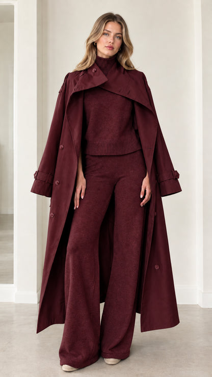 Full-length front view of burgundy wine cape-collar maxi trench coat
