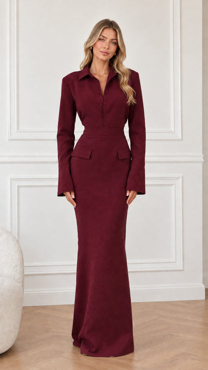 Front view of tailored long sleeve maxi dress in Burgundy