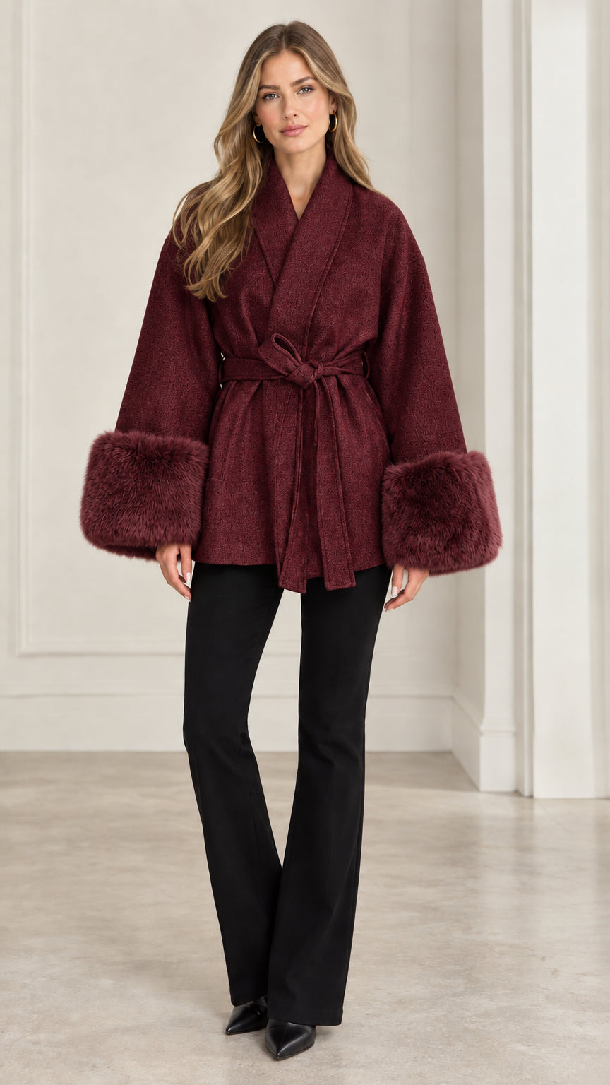 Front view of model wearing burgundy red wrap coat with matching faux fur cuffs