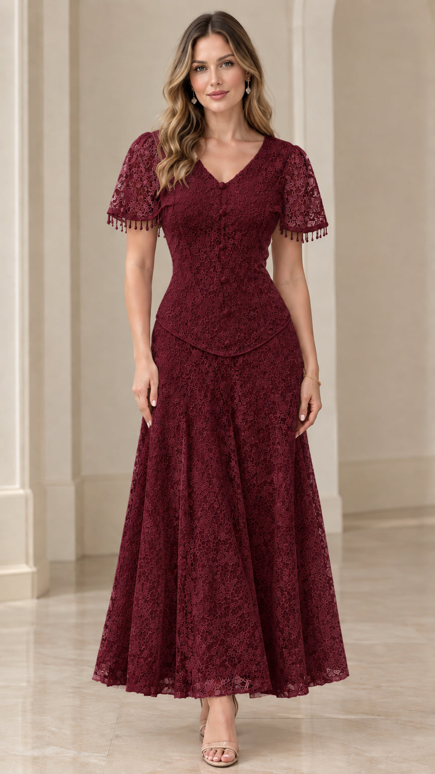 Front view of model in burgundy wine floral lace V-neck maxi dress