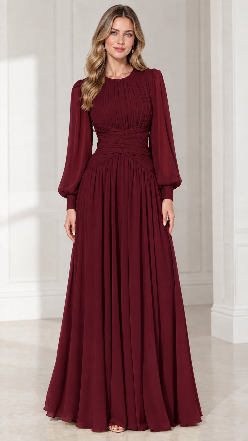 Burgundy long sleeve pleated chiffon evening maxi gown