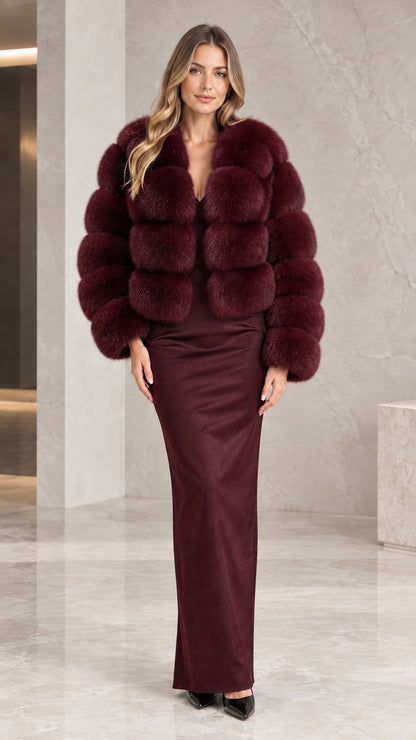 Front view of model wearing the burgundy wine red plush faux fur cropped jacket