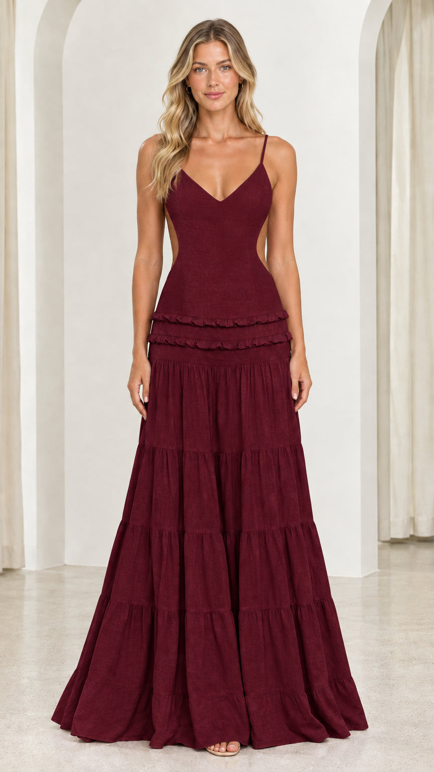 Front view of model wearing Burgundy open back maxi dress