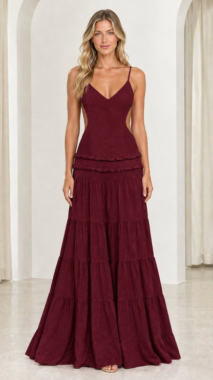 Front view of model wearing Burgundy open back maxi dress