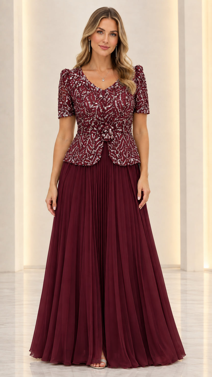 Full front view of burgundy wine sequin peplum formal dress
