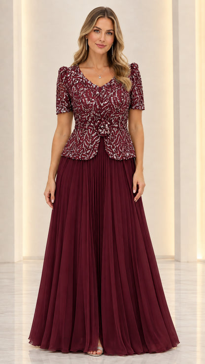 Full front view of burgundy wine sequin peplum formal dress