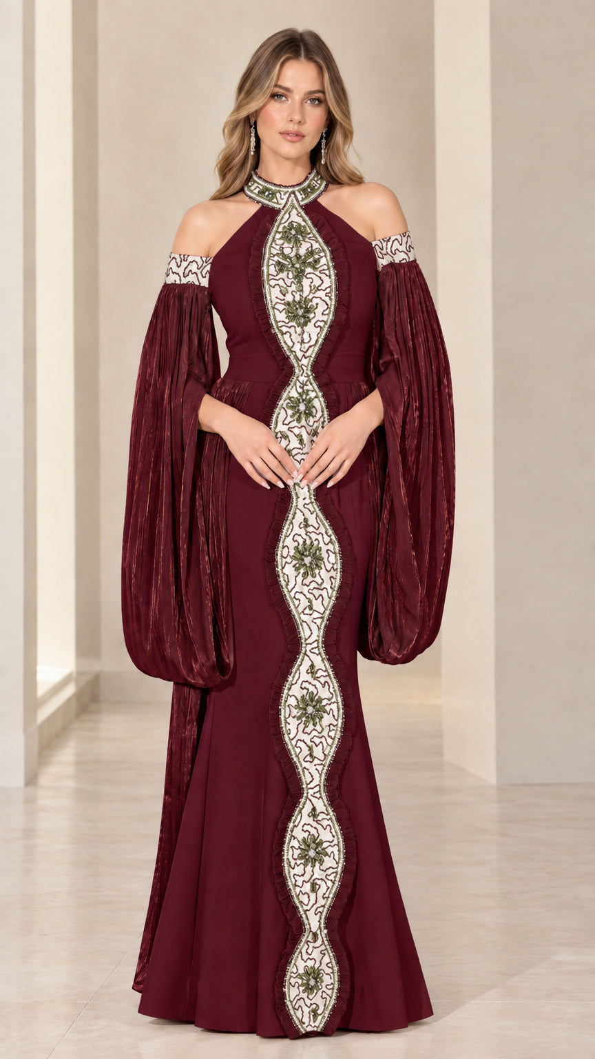 Burgundy wine red formal evening gown with voluminous draped balloon sleeves