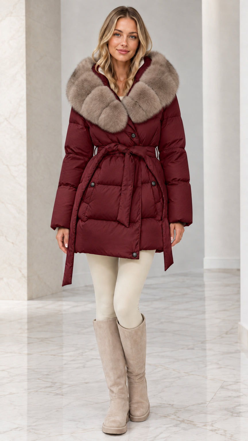 Model wearing Burgundy belted quilted puffer coat with plush faux fur collar