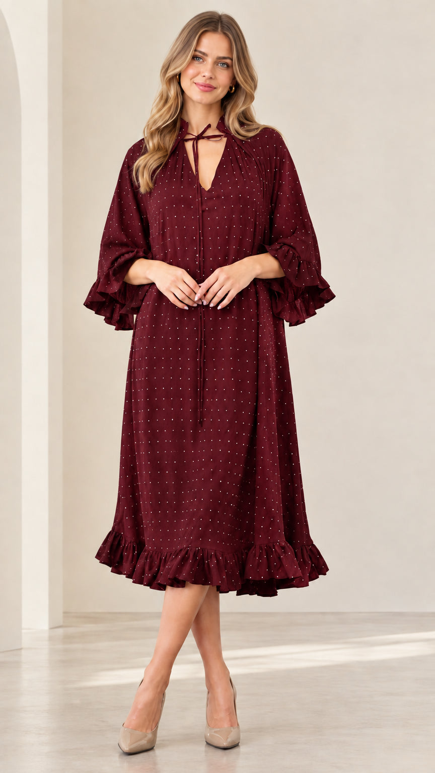 Burgundy wine red sparkle tie-neck midi dress with tiered ruffle details