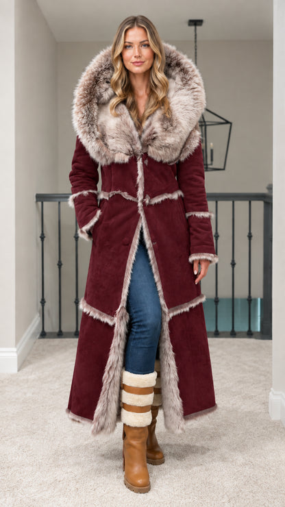 Full length burgundy hooded faux suede maxi coat with faux fur trim