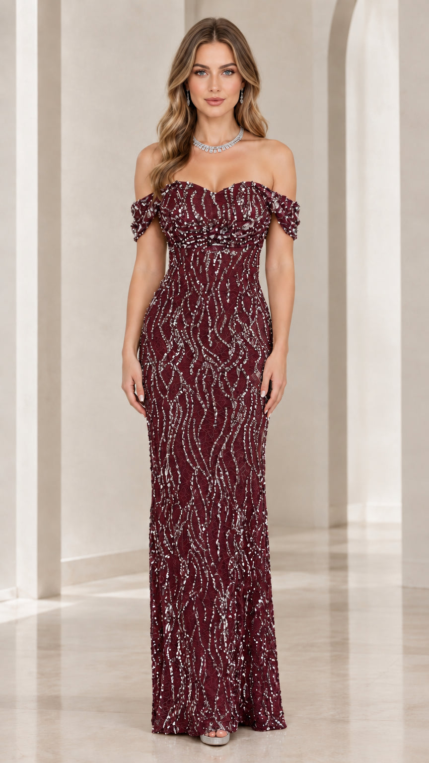 Burgundy wine off-the-shoulder sequin maxi evening dress
