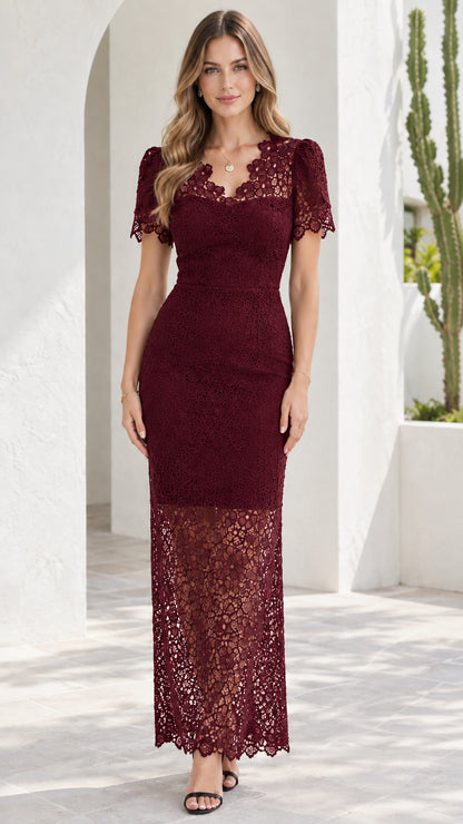 Front view of model wearing burgundy wine floral lace short sleeve maxi dress