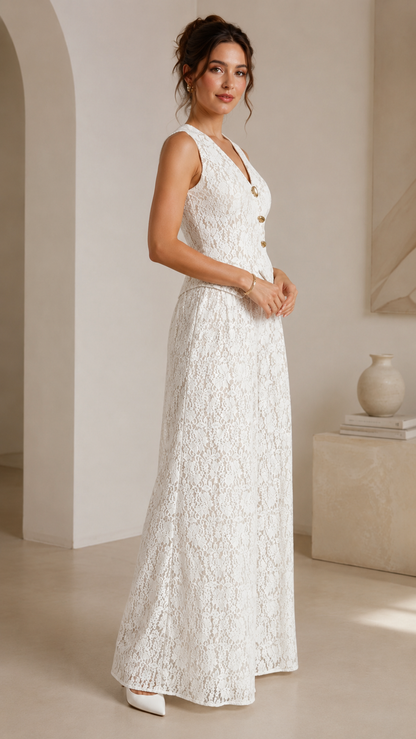 Side view of ivory sleeveless lace jumpsuit with V-neck bodice