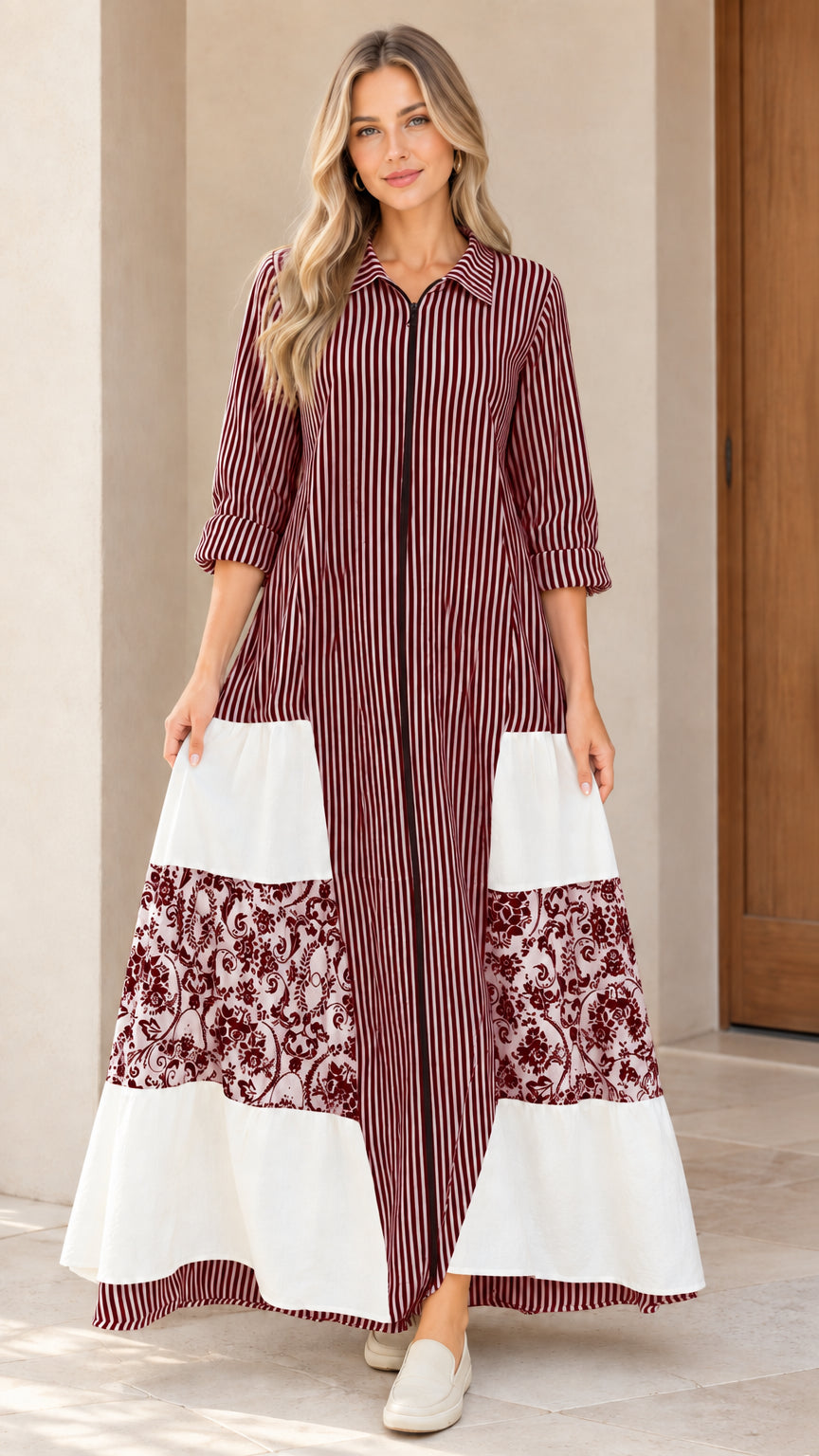 Front view of women's burgundy striped zip-front maxi dress with floral patchwork
