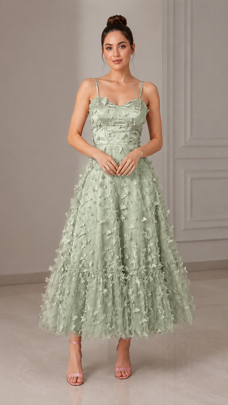 Sage 3D floral cami midi dress front view