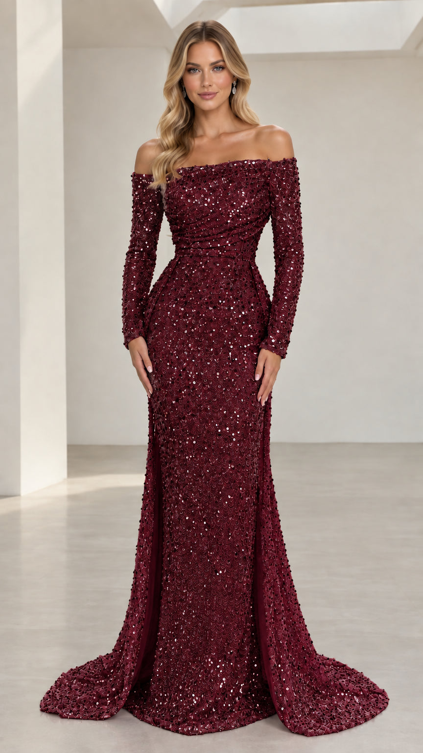 Front view of burgundy red off-the-shoulder long sleeve sequin mermaid evening gown