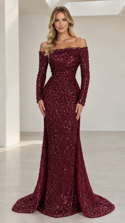 Front view of burgundy red off-the-shoulder long sleeve sequin mermaid evening gown