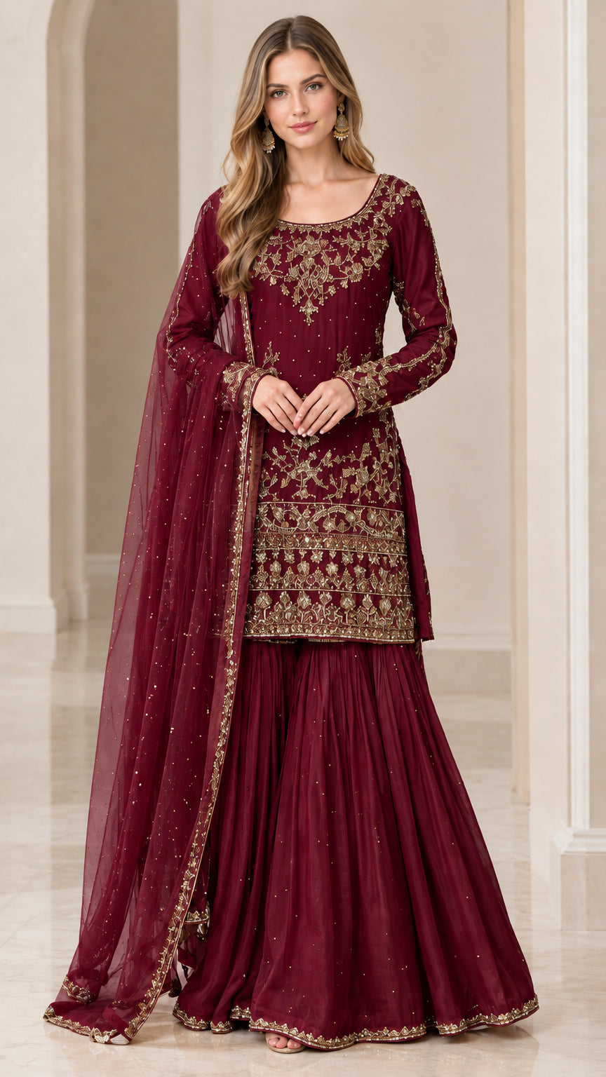Maroon deep wine embroidered kurti with matching sharara suit set