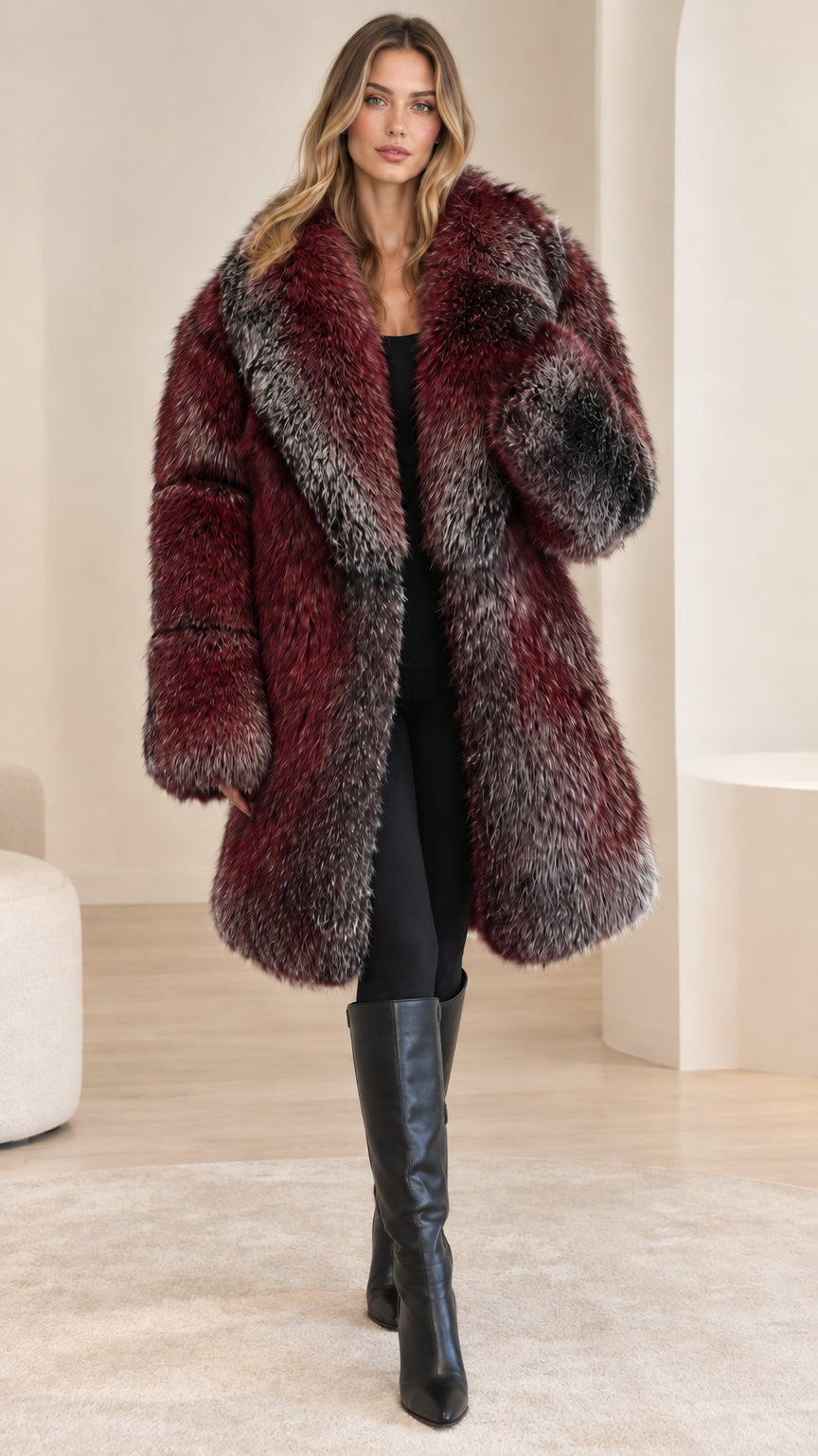 Front view of a burgundy plush faux-fur-look women's coat
