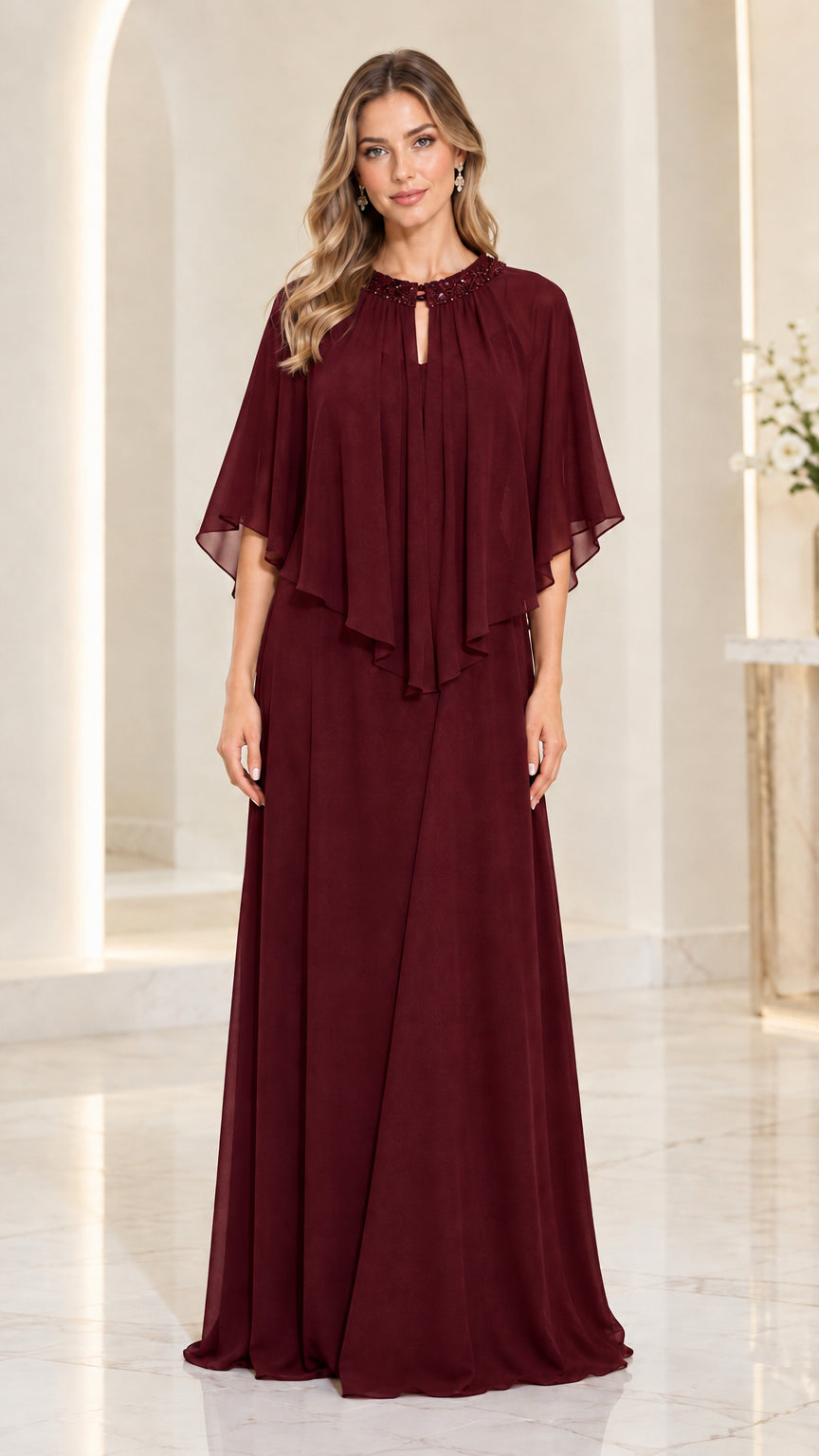 Front view of burgundy wine red chiffon formal gown