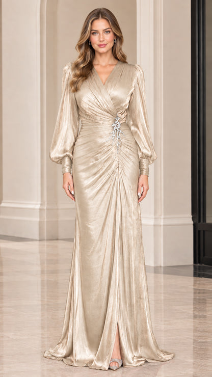Front view of champagne gold long sleeve ruched evening dress with crystal detail