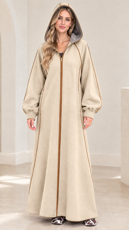 Women's hooded full-zip maxi robe coat in light beige oatmeal