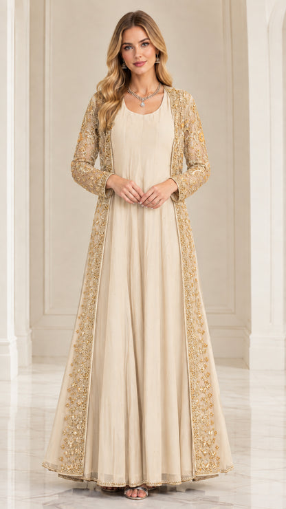Champagne cream floor length gown with matching gold embroidered sheer jacket