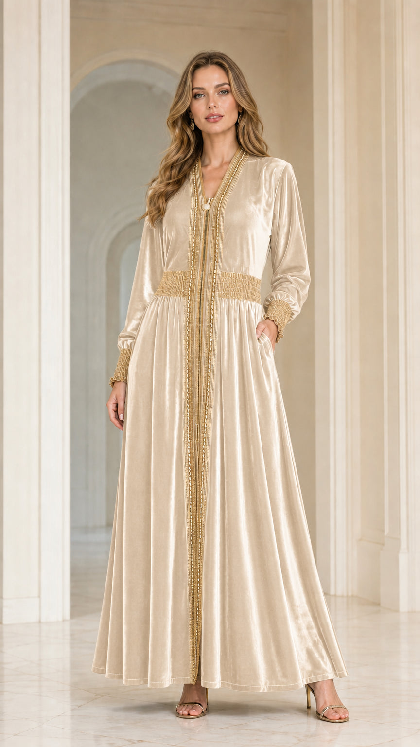 Full front view of model wearing Champagne beige velvet embroidered kaftan maxi dress