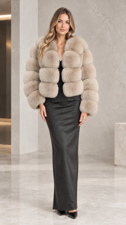 Front view of model wearing the oatmeal beige faux fur cropped jacket
